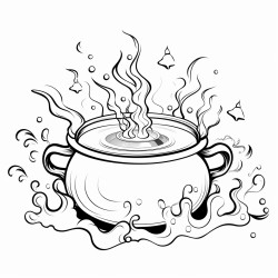 image with black lines on a white background illustrating a witchs cauldron bubbling with potions for coloring in large basic shapes coloring book style no solid fill ample white space for easy coloring ideal for kids enhanced line clarity