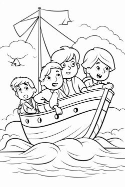 worried boys working in a big boat with a big storm