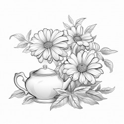 daisy on stem with 3 leaves laying next to one teapot  no other flowers