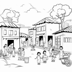 a peaceful colorful village with traditional houses a school and children playing in the streets thoda cartoon type