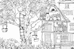 cat climbing trees and flowers everywhere