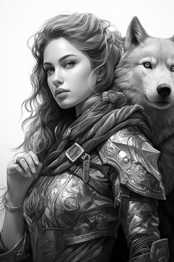 female elf ranger in leather armour with magical bow also has a wolf companion