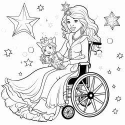 a cute princess in a wheelchair with her fairy godmother surrounded by magical sparkles