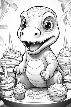 can you draw the outlines of a cute dinosaur trying to blow his birthday cakes candles
