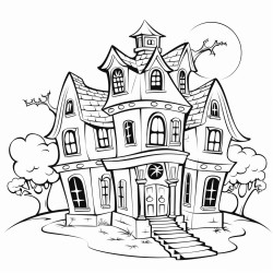 image with black lines on a white background a haunted house with glowing windows outlined in spooky large coloring book style no solid fill ample white space for easy coloring ideal for kids coloring books enhanced line clarity