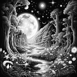 a mystical forest at night with fireflies