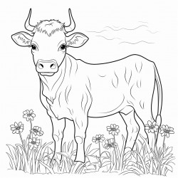 adolescent cow in pasture with grass and flowers