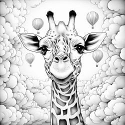 giraffe surrounded by clouds and hot air balloons