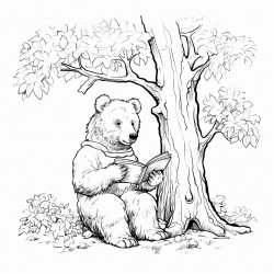 a bear reading books under an oak tree