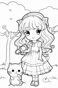 baby chibi unicorn eating apples with 4 year old girl with long hair and a summer dress in the park with trees