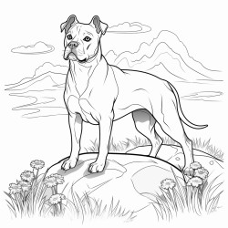 a pitbull standing majestically on a flat rock over looking a field of lavender