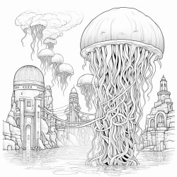 cosmic jellyfish exploring underwater ruins
