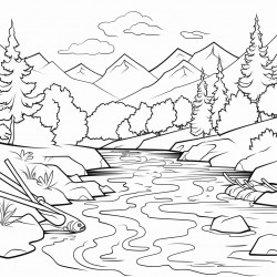 summer mountain stream with fish fishing poles