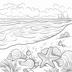 ocean calm  a beach scene with gentle waves and seashells on the shore