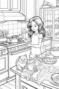  mom  chop vegetables kitchen longhaired girl wiping the counters the cat tried to eat 