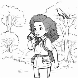 african american cute girl birdwatching holding binoculars looking into trees