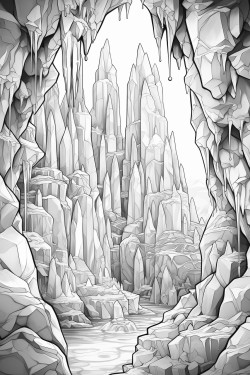 fancy cave of huge crystals black and white coloring book page for adults outlines only white background