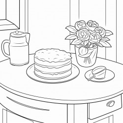 a kitchen with a cake dish on the counter