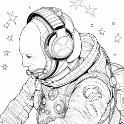 adult astronaut listening to music