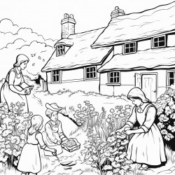 mother with 5 children weeding a garden in an old english countryside next to cobbled cottage with thatched roof