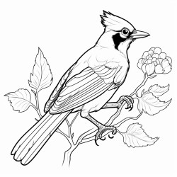 black and white coloring page blue jay on a shrub