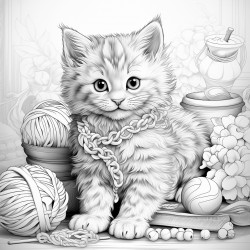 cute cat playing with a ball of yarn with intricate patterns all over the image