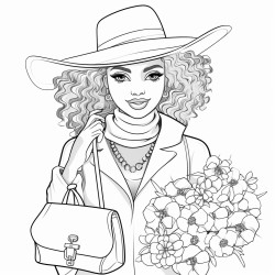 african american woman in fall clothes with pocketbook hat jewelry flowers and makeup