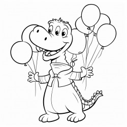 an alligator holding balloons