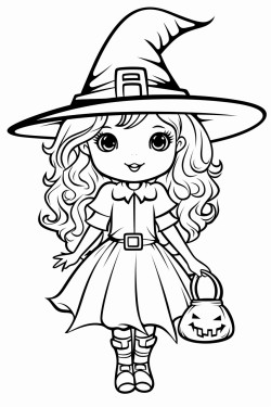 outline art for cute halloween coloring page with witch white background sketch style