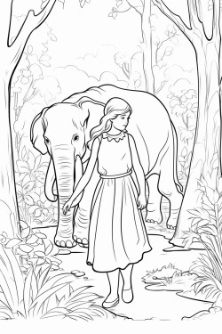 an asian elephant walking through a dense forest surrounded by tall trees and ferns with a small stream nearby