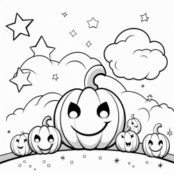 a simple line art scene of smiling pumpkin characters with small rounded shapes holding baskets of candy they stand in a peaceful halloween setting with a large moon and stars minimal background lines to create a comfy atmosphere