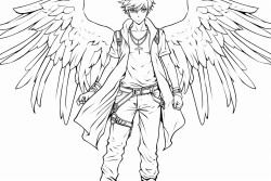 teenage anime boy with sparrow bird wings full body
