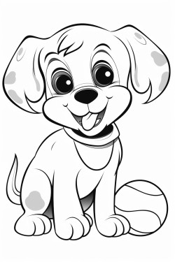 an adorable puppy with big floppy ears playing with a ball black and white coloring page