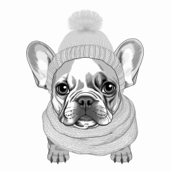 grey angrey and white french bulldog puppy with a grey and pink woolen hat and a pink woolen collar
