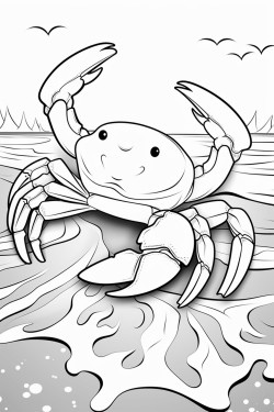 a crab holding a seashell on the beach with waves
