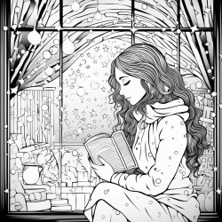 raining girl back window books coffee  coloring sheet