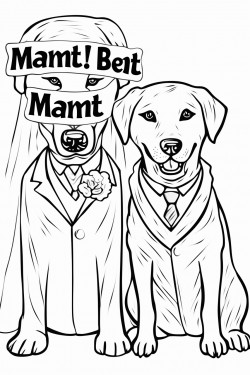 bride groom labrador dog with neon sign that says just married