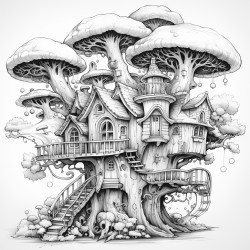 mushroom tree house with flying unicorns