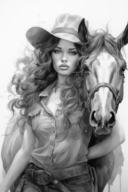 a cowgirl thats riding a draft horse and her face is hidden by her hat