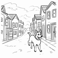 dog run between buildings bw white background