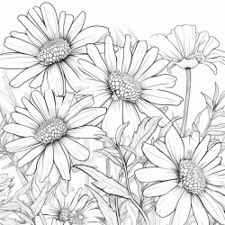 create a blackandwhite coloring page with a cluster of daisies in a garden use bold outlines for large defined petals stems and leaves vary their height and angle showing some fully open and others partially blooming keep the background simple with minimal details like grass ensuring larg