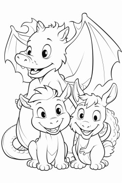 dragon playing with a dog and cat