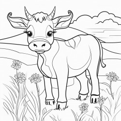adolescent cow in pasture with grass and flowers