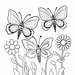 create a coloring page with clear thin line art and no shading or filled areas include patterns of pansies and caterpillars