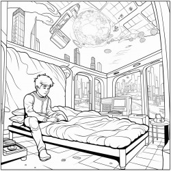 futuristic space house with glass ceiling and boy in bed