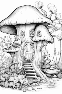 mushroom houses with a beautiful garden with a gnome snoozing in a hammock hanging from two trees in the garden