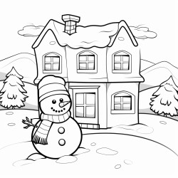 a house covered in snow and a snow man on the lawn