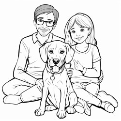 create a coloring page of a little girl with pigtail braids and glasses with her mom and dad and dog that is a beagle