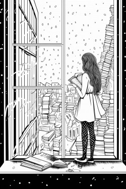 raining standing girl back window bookshelf coffee