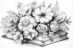 open books surrounded by various delicate flowers